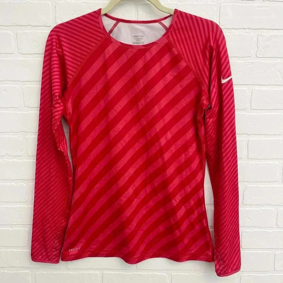 Nike Pro Dri Fit Hyperwarm Stripes Round Neck Long Sleeve T-Shirt Pink Medium - Picture 1 of 9